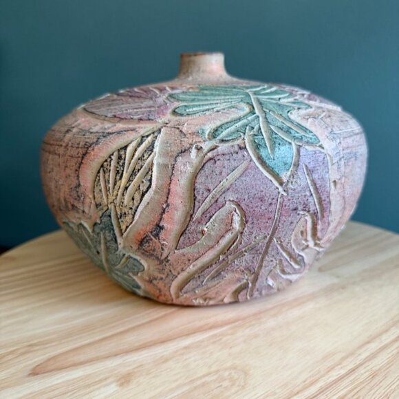 Handcrafted Thai Ceramic Vase With Leaf Relief Design - 7" Tall X 8" Wide - Mult - Picture 3 of 10